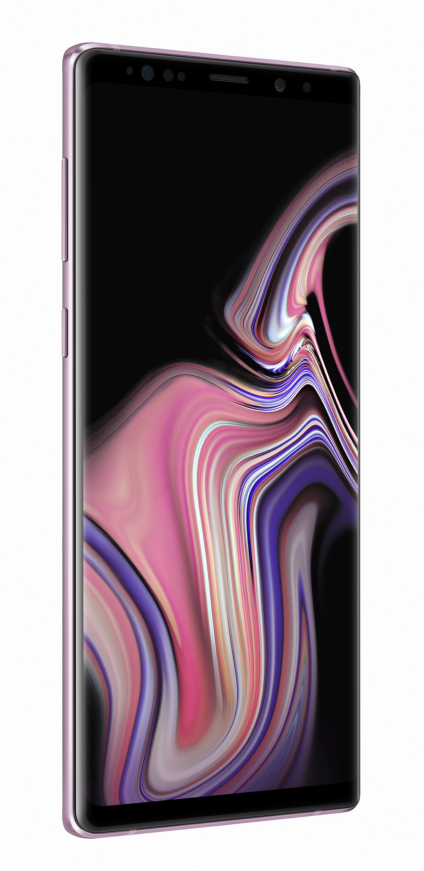 Uno smartphone viola con schermo curvo che mostra un motivo astratto colorato su sfondo nero.