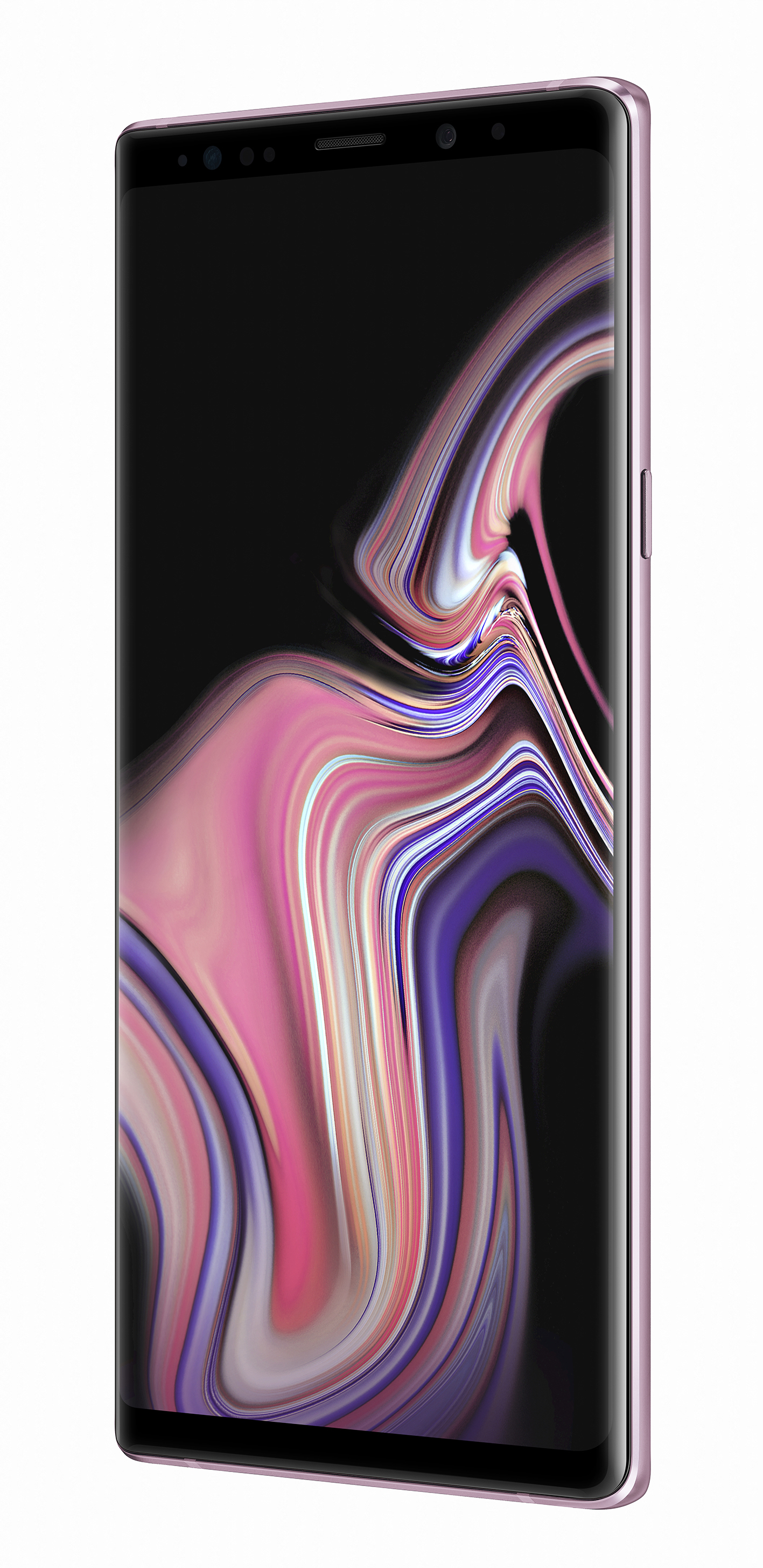 Smartphone rosa con schermo grande, pulsanti laterali e schermo nero.