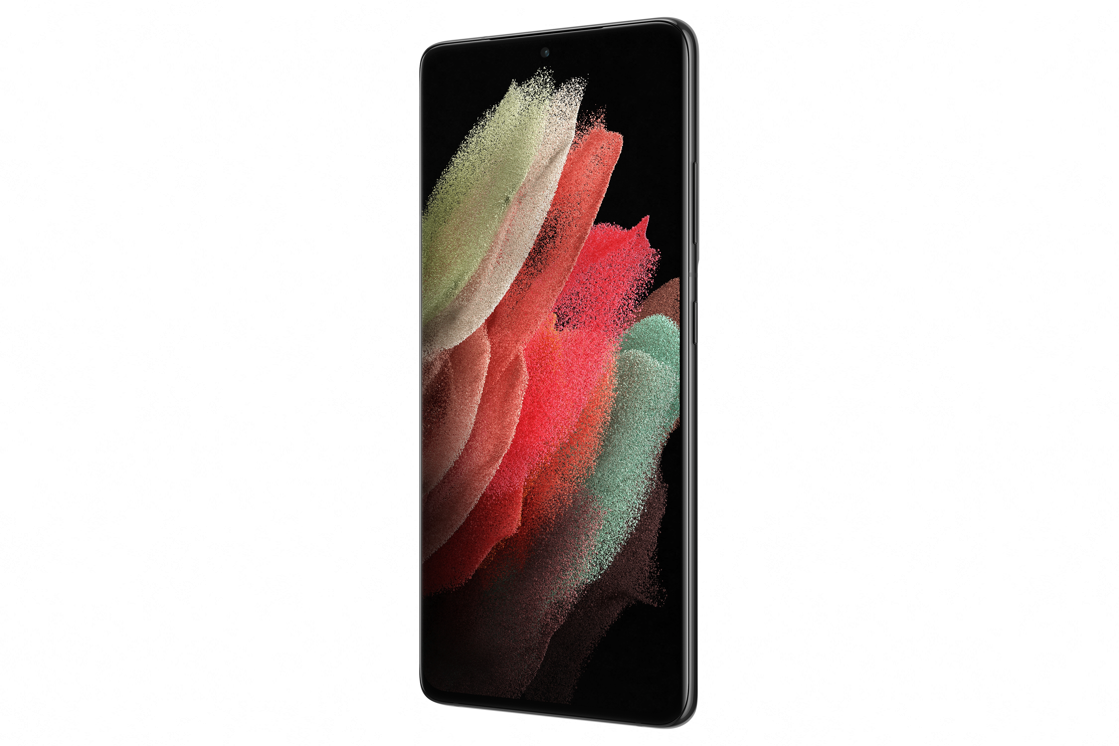 Czarny smartfon z kolorowym abstrakcyjnym tłem na ekranie. Znajduje się na białym tle.