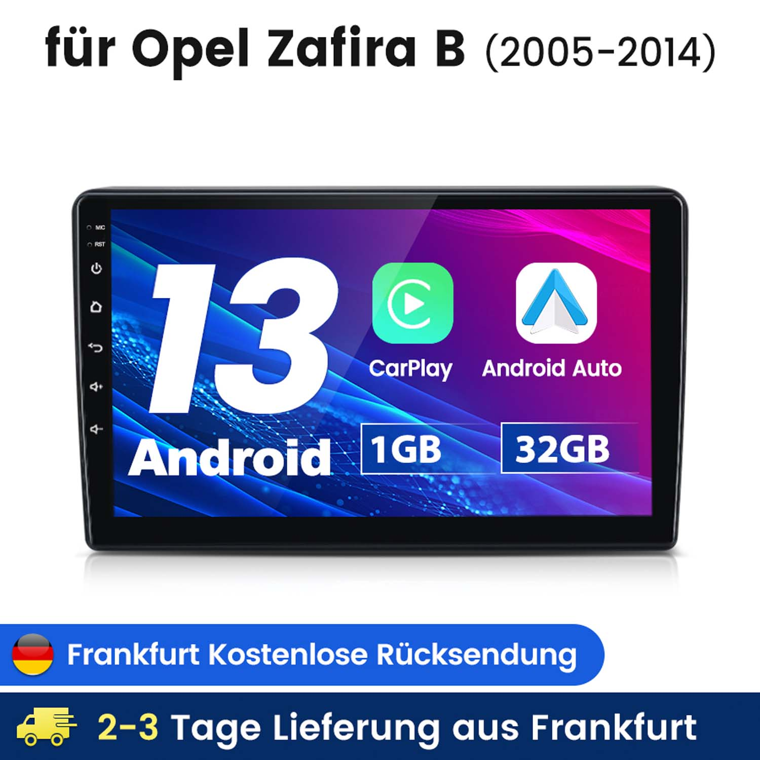 Autoradio mit Touchscreen, der App-Symbole anzeigt. Text sagt 'Android' und 'CarPlay'.