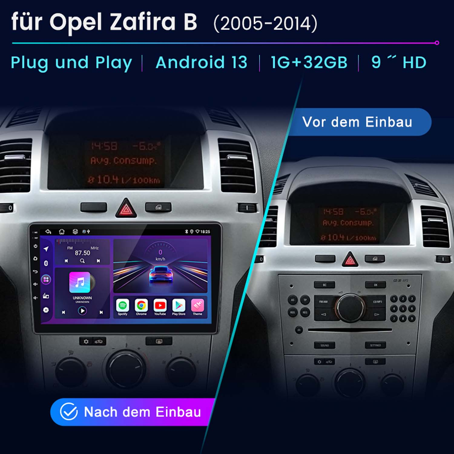 Armaturenbrett des Autos mit Navigationsbildschirm vor und nach der Installation.