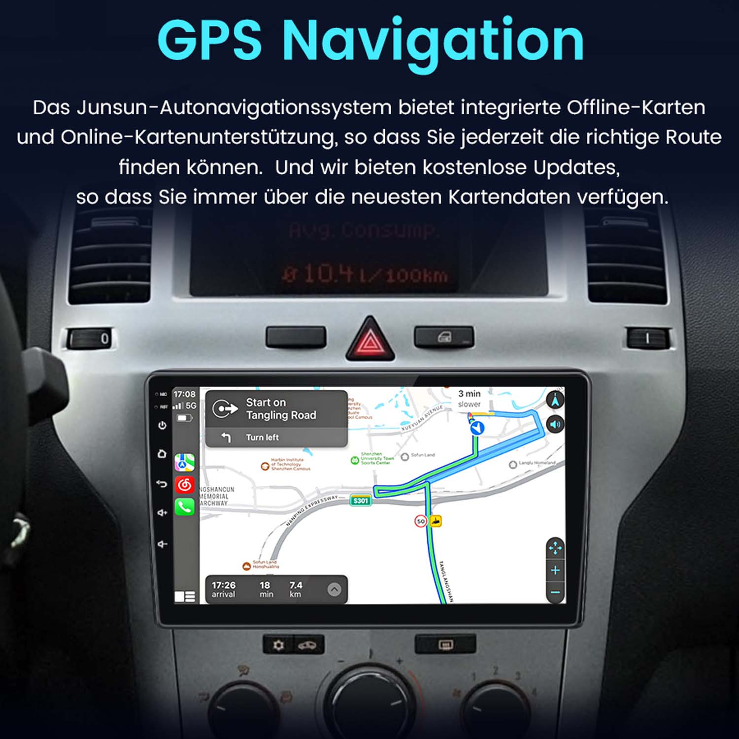 Ein Auto-Bildschirm mit einer Navigationskarte.