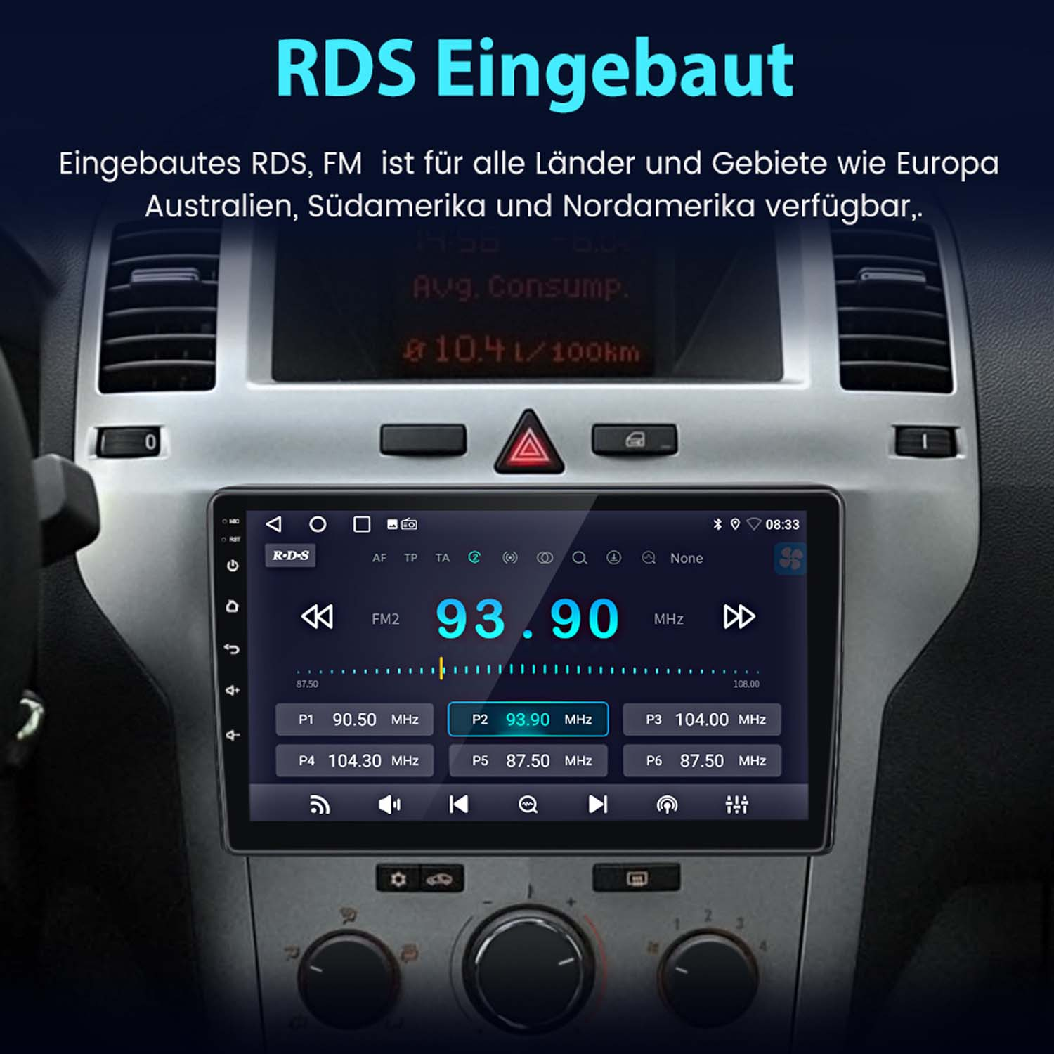 Autoradio-Display. Der Bildschirm zeigt die UKW-Frequenz, darunter Tasten für Senderspeicher.