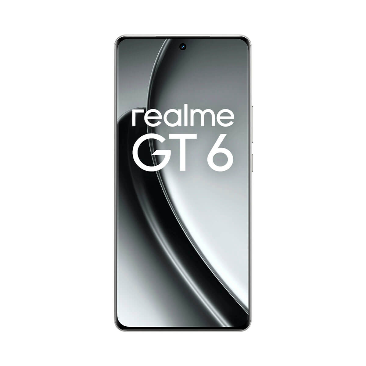 Smartfon z logo Realme GT 6 na ekranie, w pozycji pionowej.