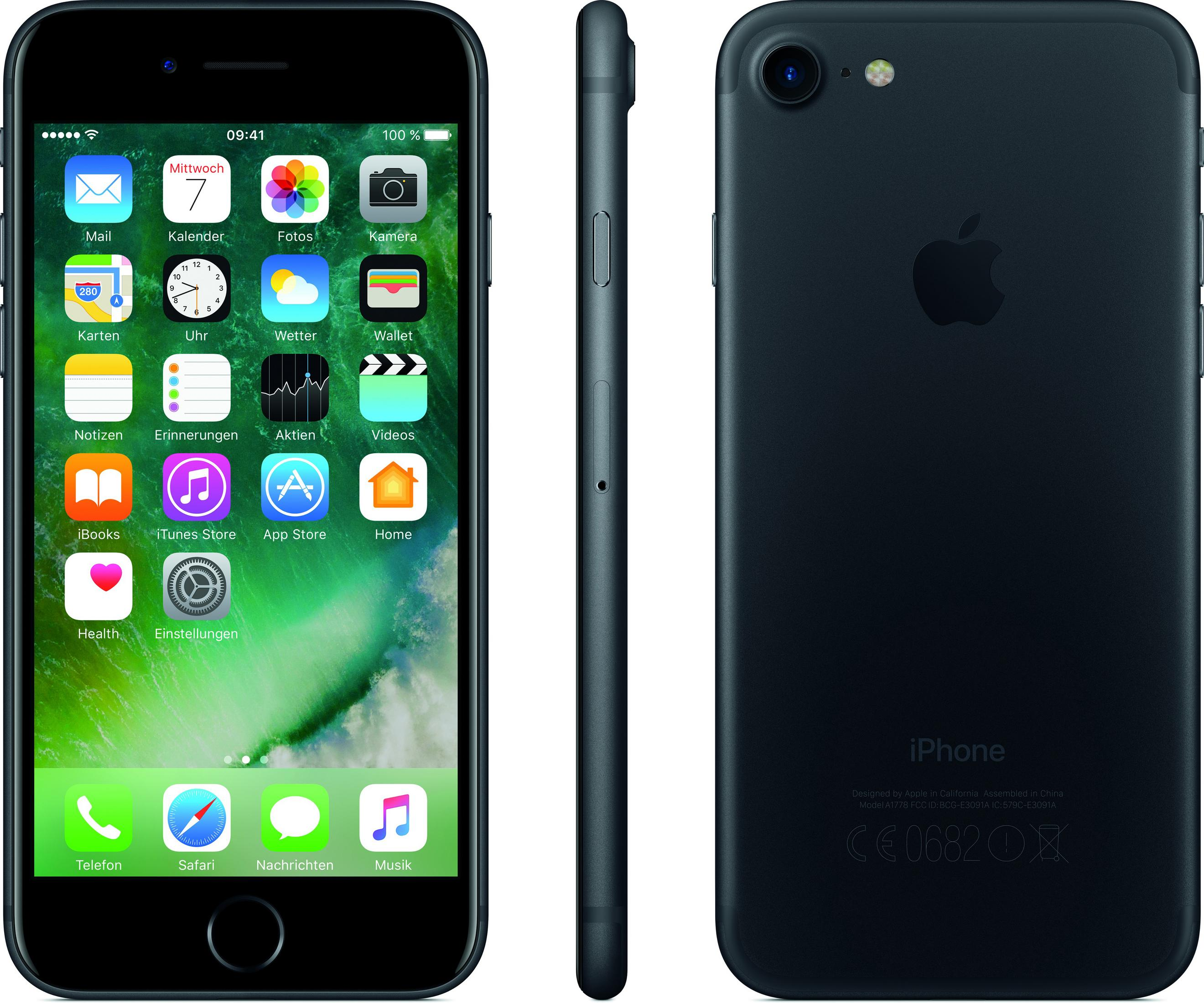 Drei Ansichten eines schwarzen iPhones. Vorder-, Seiten- und Rückseite, mit Bildschirm und Logo.