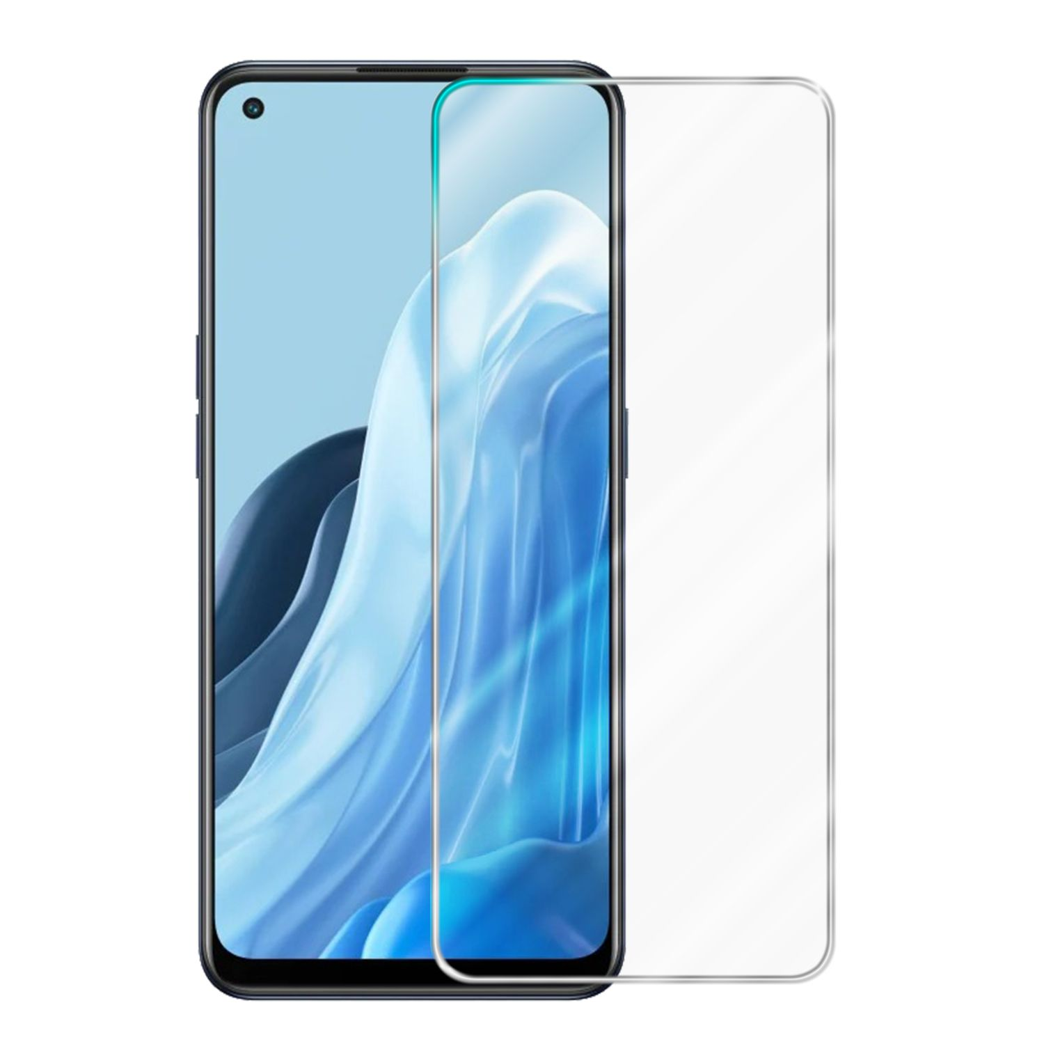 Smartphone nero con protezione schermo. Protezione in vetro trasparente copre lo schermo.