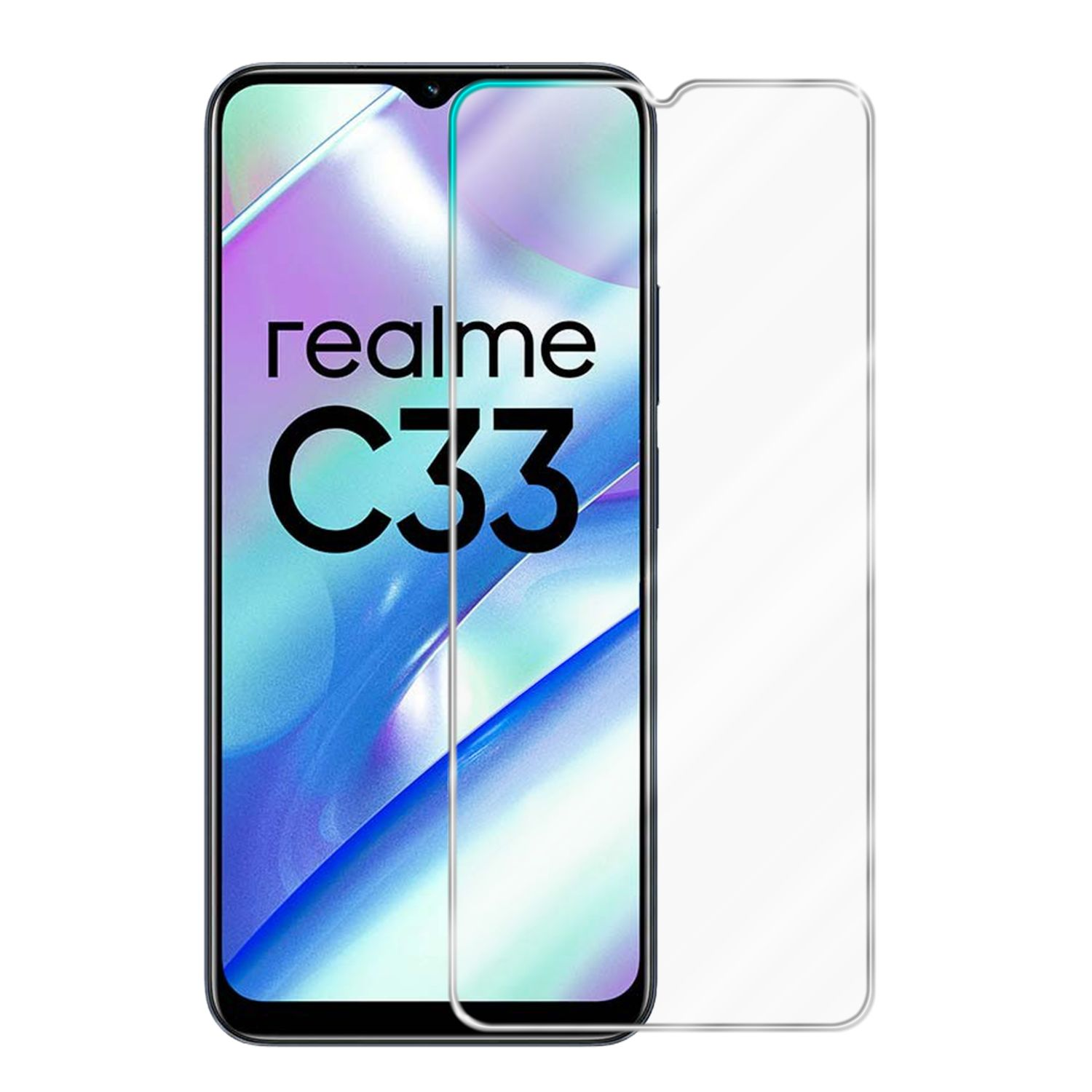 Uno smartphone realme C33 con protezione schermo. Il telefono è blu con testo bianco sullo schermo.