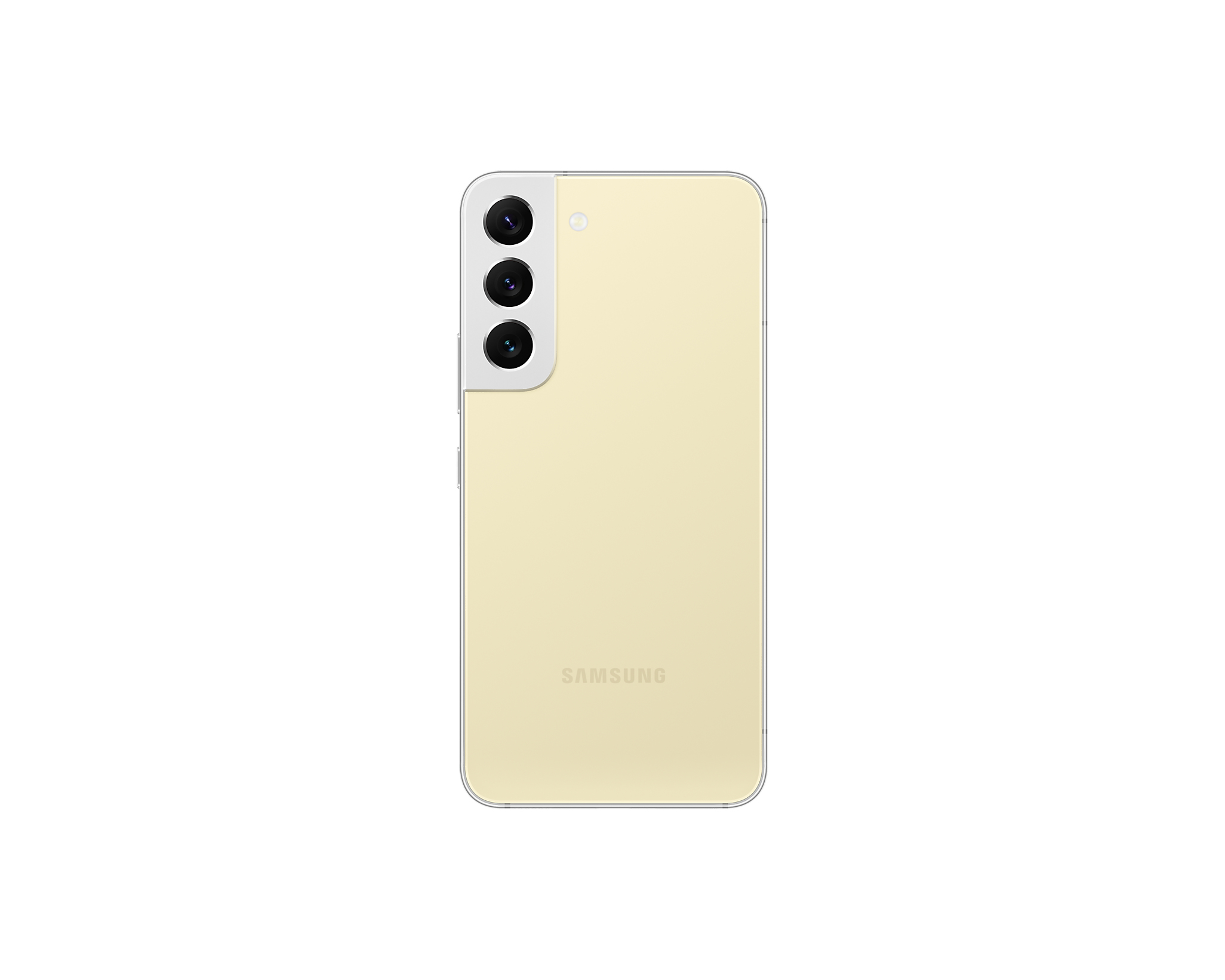 De achterkant van een gele Samsung-telefoon met drie camera's. Het Samsung-logo staat onderaan.