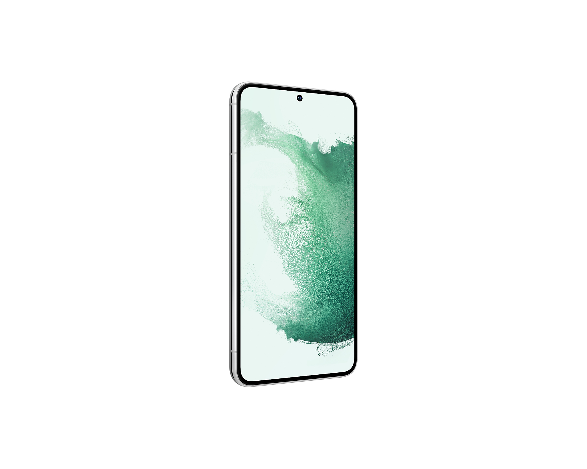 Een zilveren smartphone met een gebogen scherm staat iets schuin en toont een groene en witte abstracte achtergrond.
