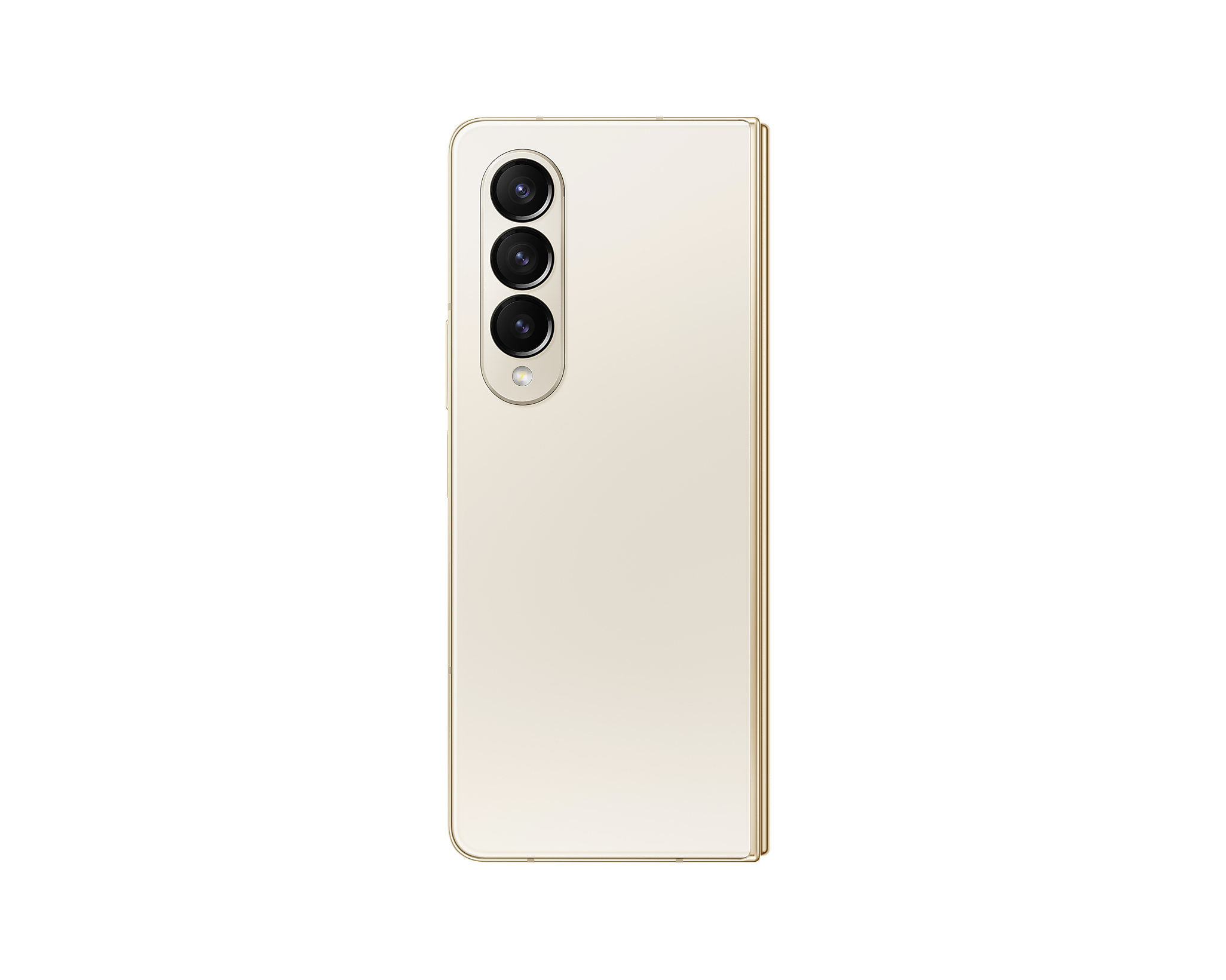Faltbare goldene Telefonrückseite. Drei Kameras. Weißer Hintergrund.