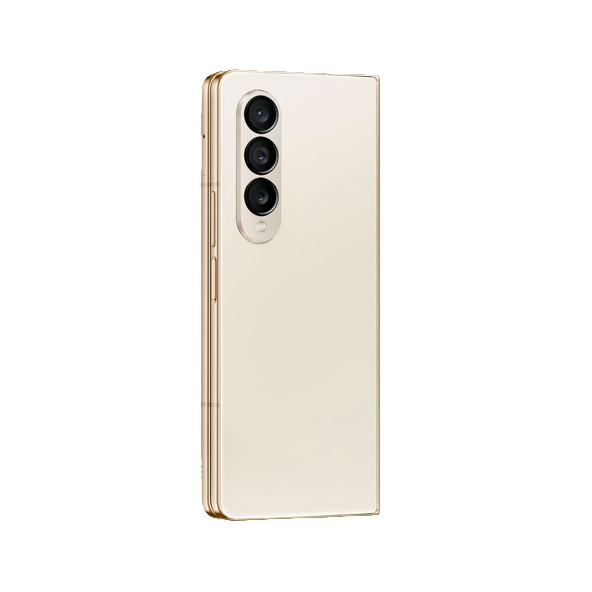 Geschlossenes, goldenes Telefon mit drei Rückkameras. Weißer Hintergrund.