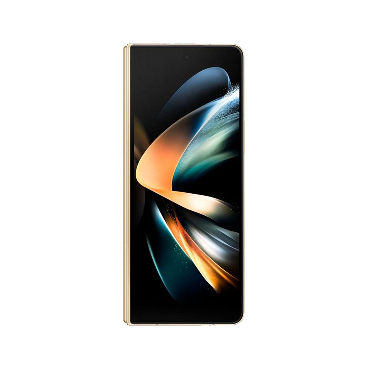 Faltbares goldenes Telefon, geschlossen. Display zeigt abstraktes, farbenfrohes Muster.
