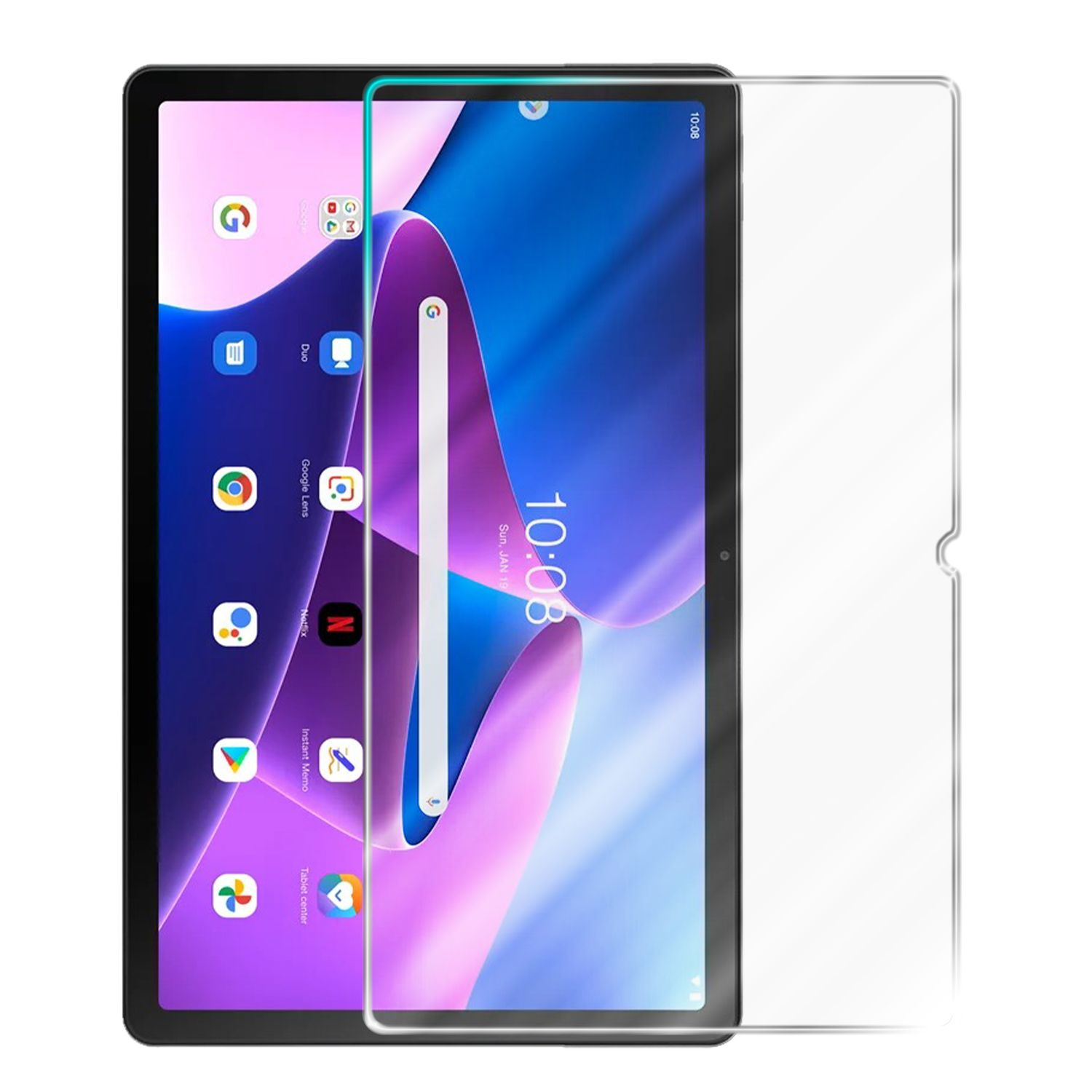 Tablet nero con protezione schermo. Mostra icone e l'ora.