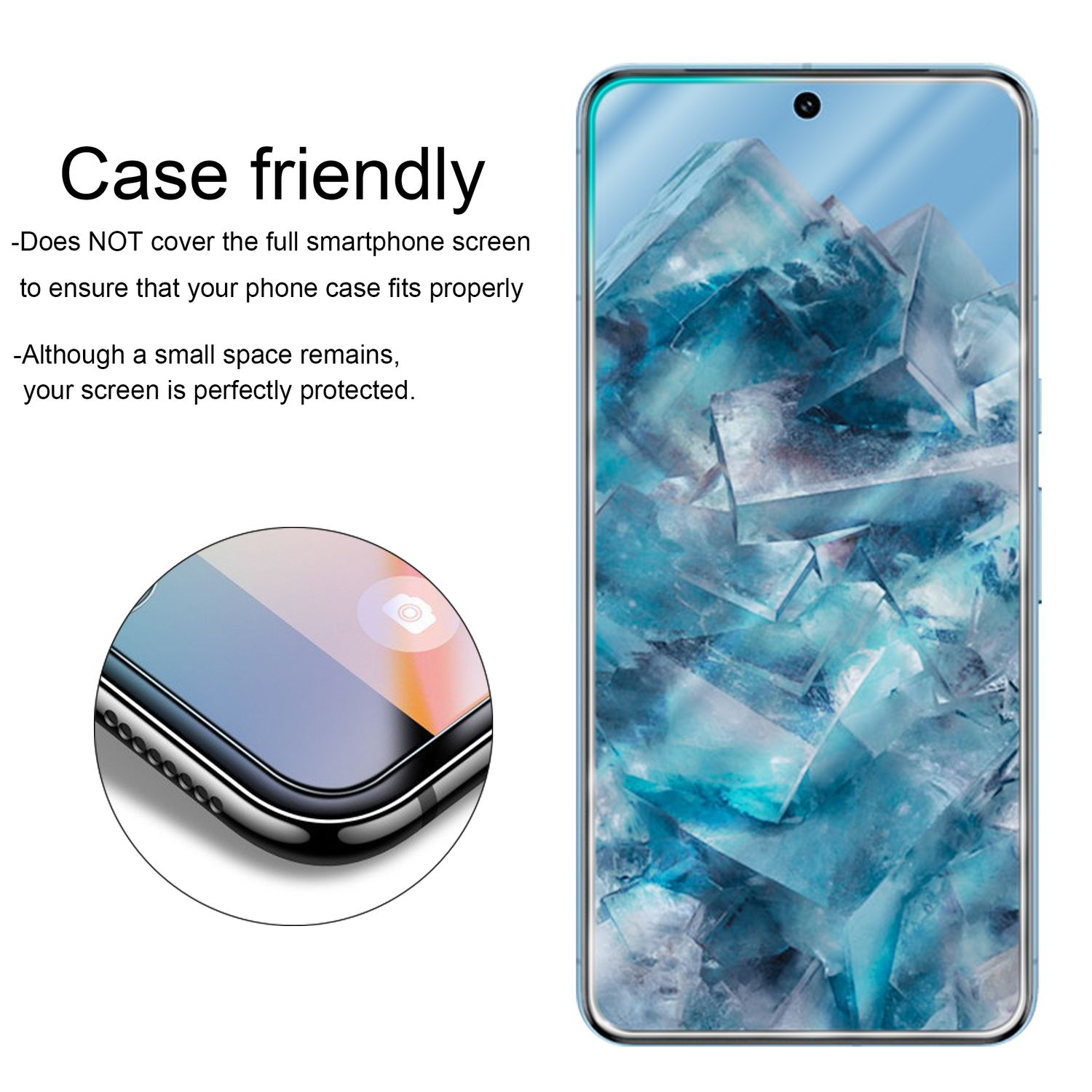 Uno smartphone con protezione schermo e custodia. Testo: Compatibile con la custodia, garantendo una vestibilità corretta.