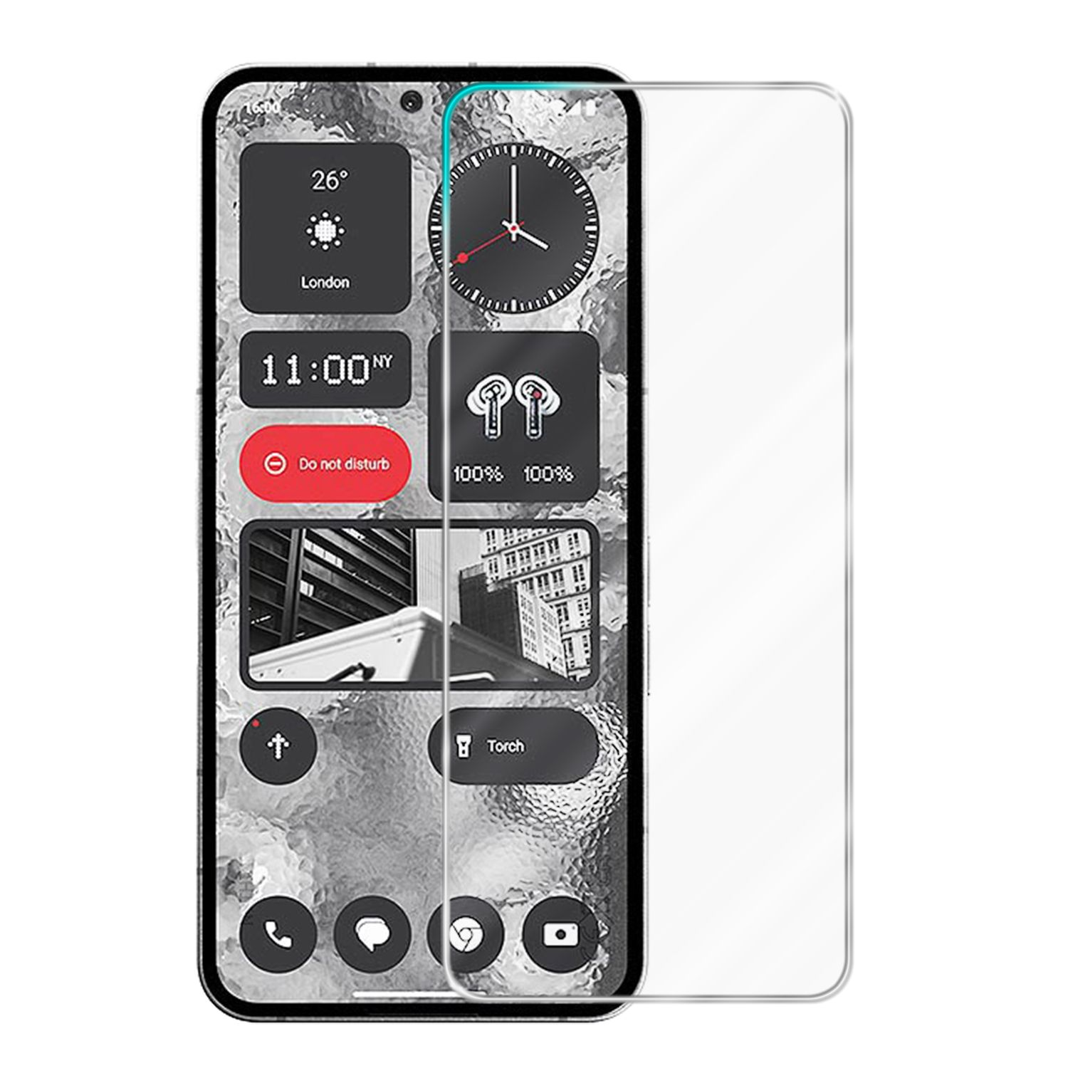 Proteggi schermo su un telefono con interfaccia moderna, icone e widget.