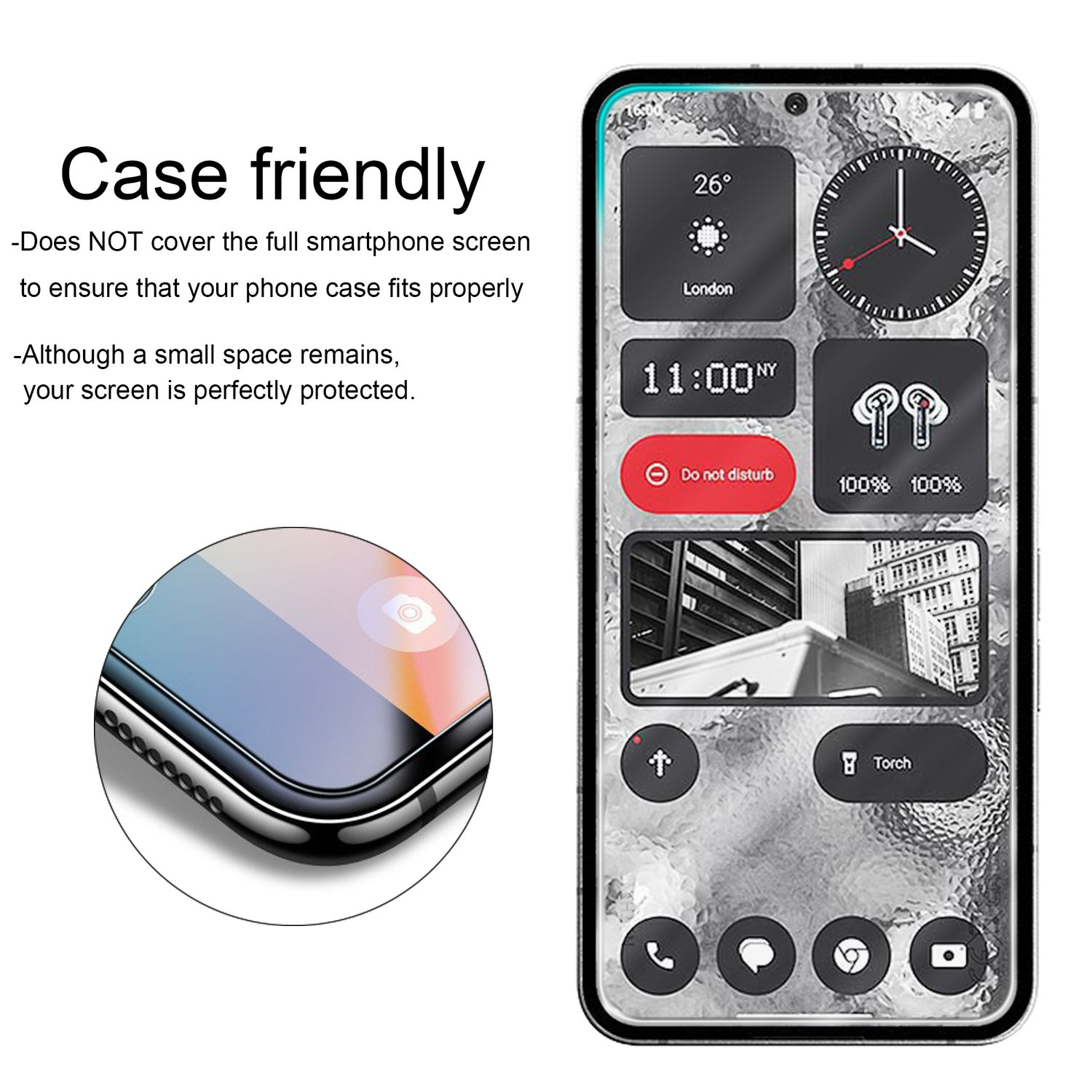 Schermo del telefono con icone delle app, una custodia trasparente e testo, con focus sullo schermo.