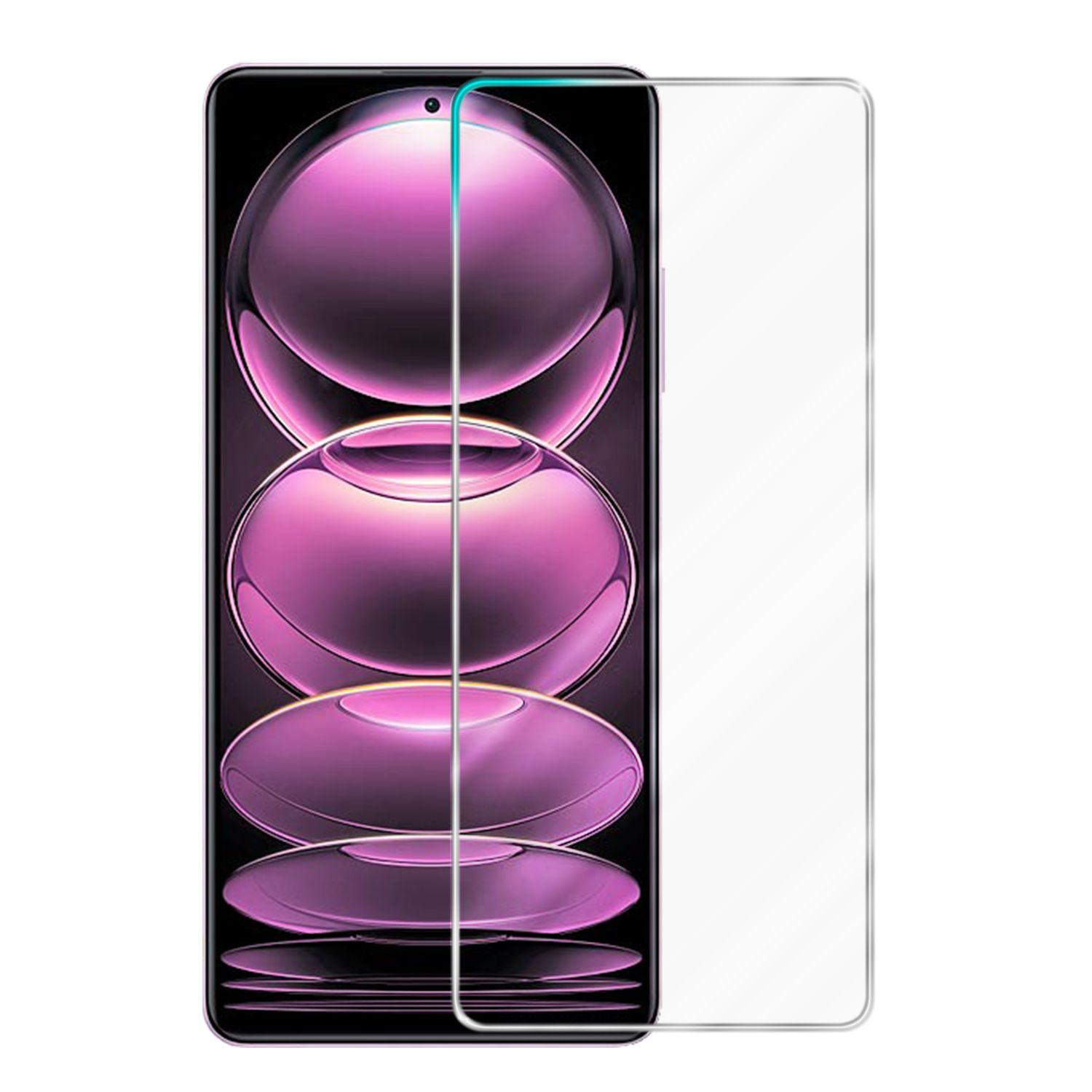 Smartphone con protezione schermo. Lo schermo mostra uno sfondo viola.