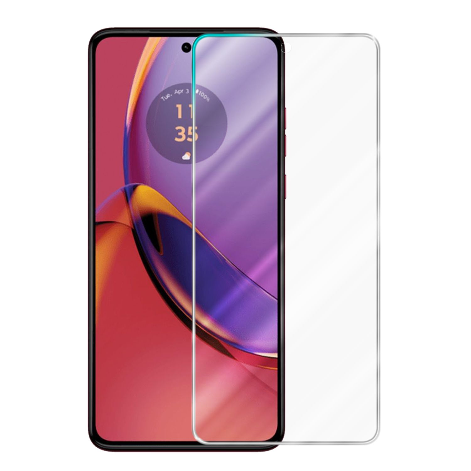 Smartphone con protezione schermo applicata. Cornice rossa e schermo con informazioni sull'ora e sulla batteria.