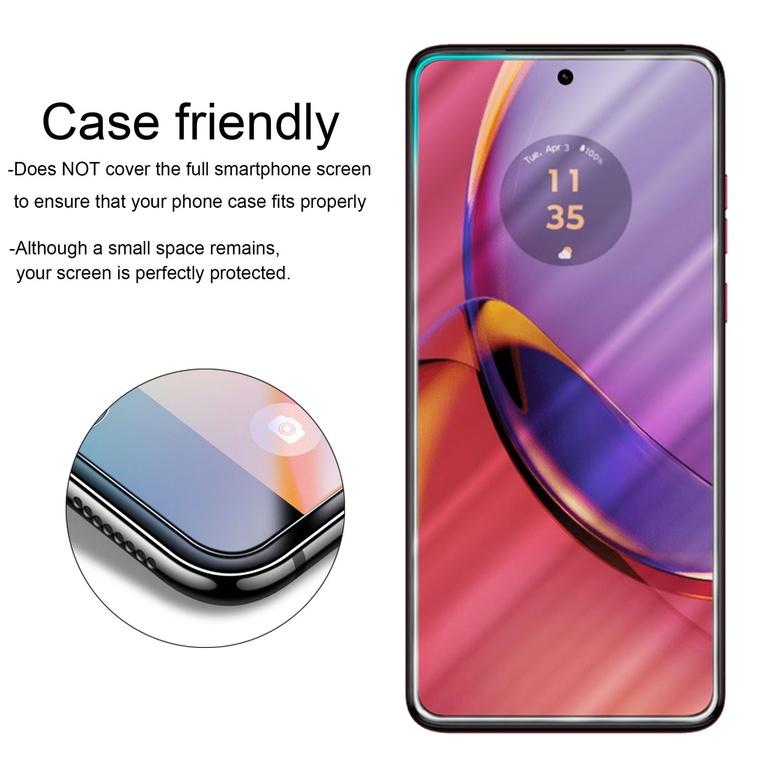 Pellicola protettiva per smartphone. Primo piano mostra il telefono e la protezione con design compatibile con la custodia.