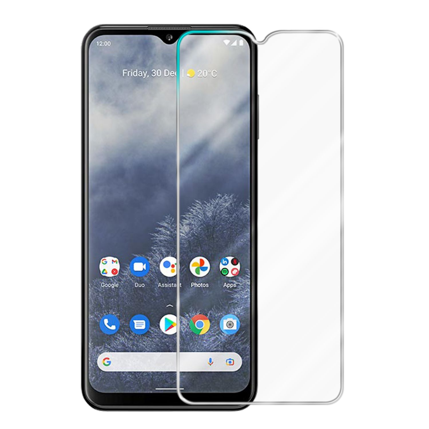 Smartphone con protezione schermo. Il telefono mostra icone. Protezione in vetro trasparente.