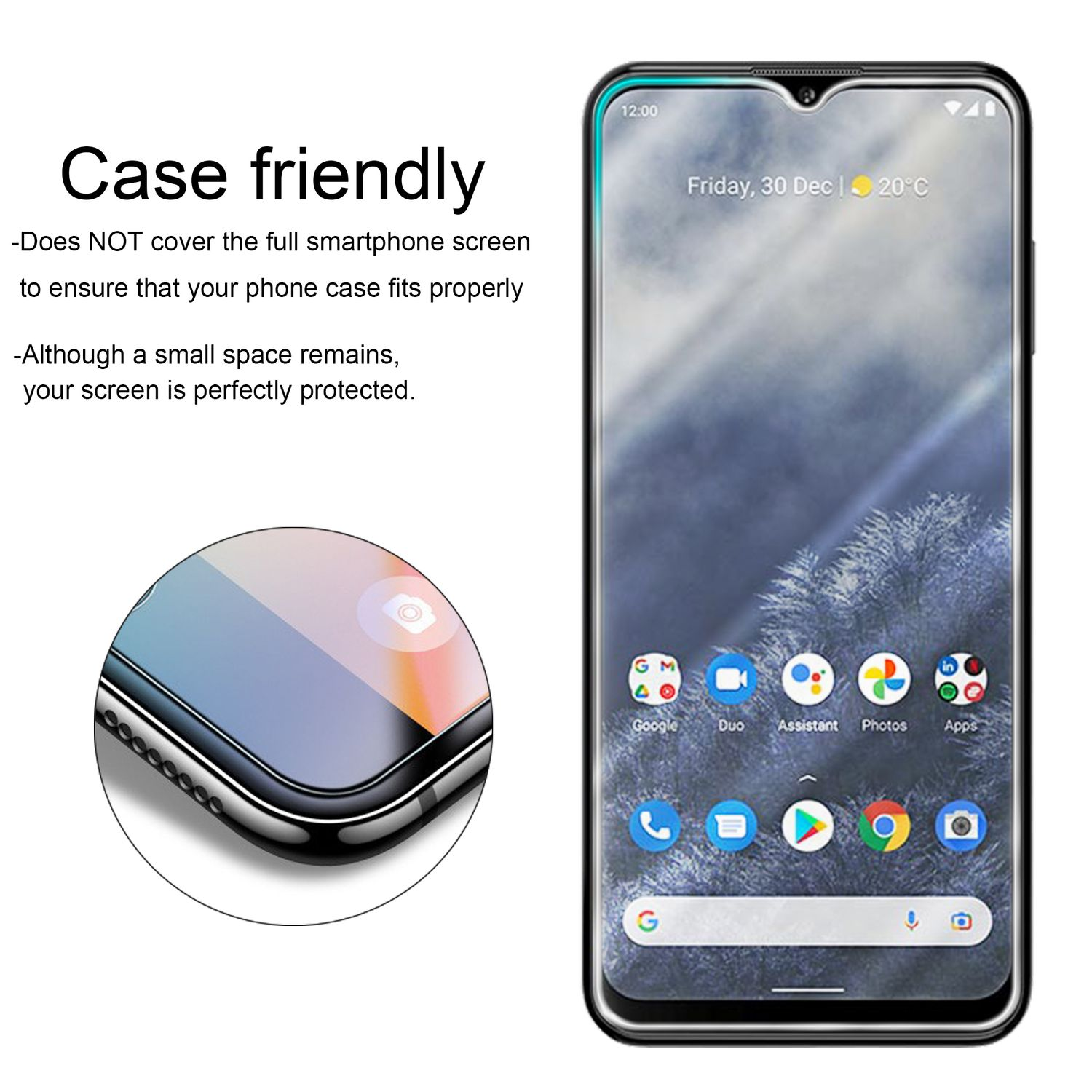 Schermo dello smartphone con custodia. Mostra una protezione per lo schermo e icone.