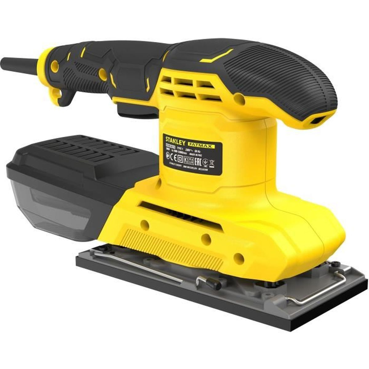 Lijadora eléctrica amarilla y negra con base rectangular. La marca es Stanley Fatmax. Sobre un fondo blanco.
