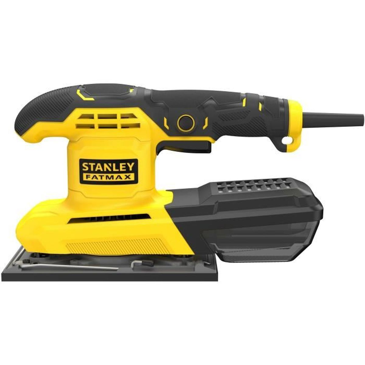 Lijadora eléctrica amarilla y negra. Presenta el logotipo de Stanley Fatmax y una base de lijado negra.