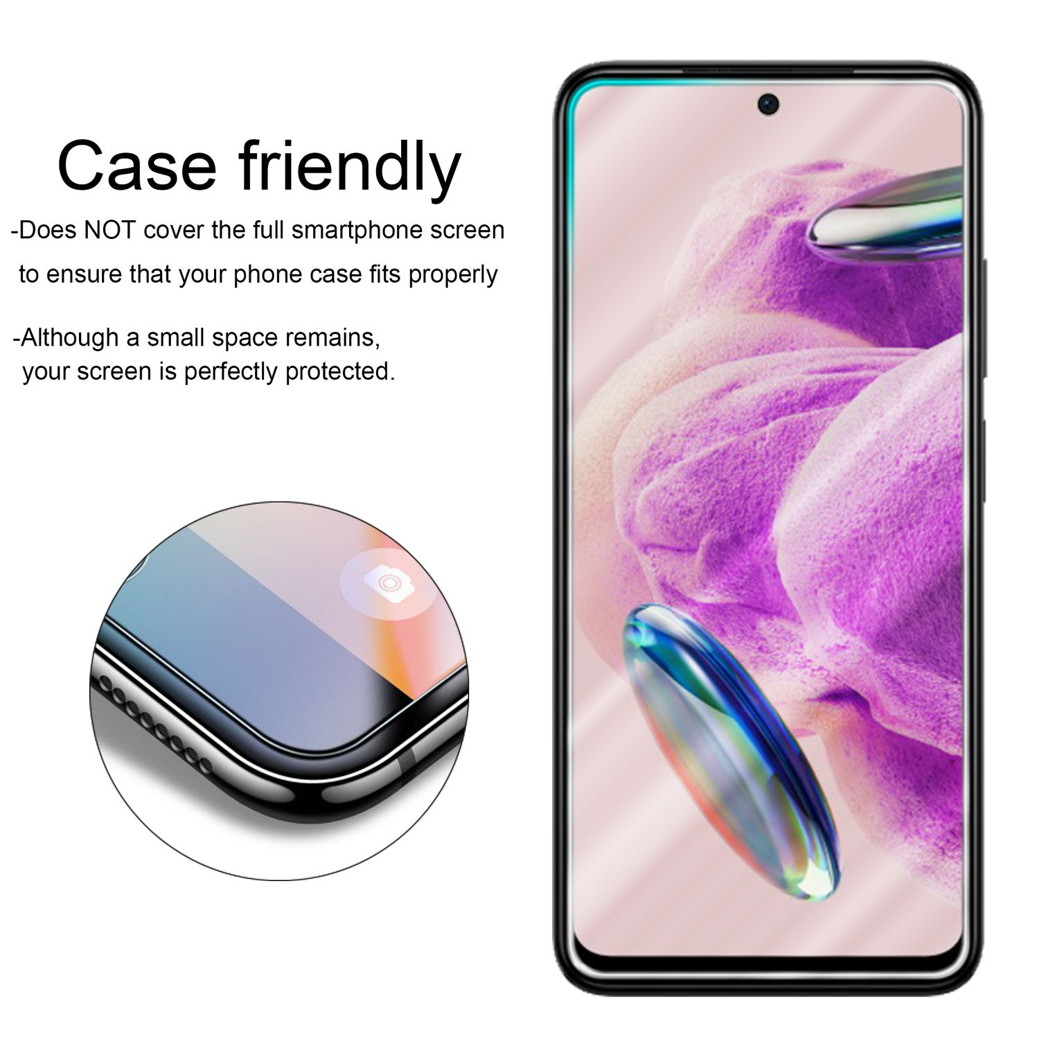 Smartphone con protezione schermo applicata, che mostra lo schermo del telefono e una custodia.