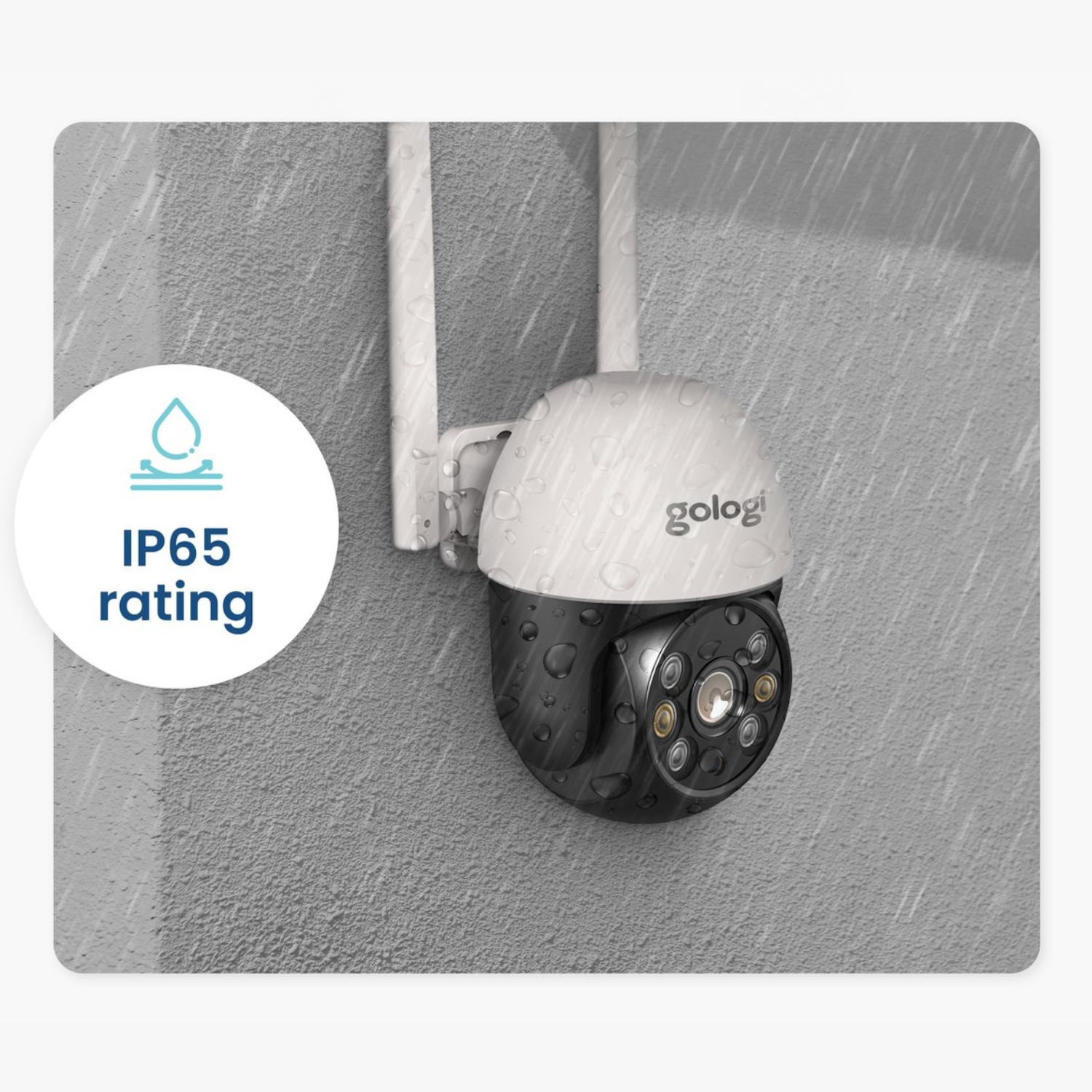 Security camera on a gray wall, with raindrops. White circle with text: IP65 rating. 