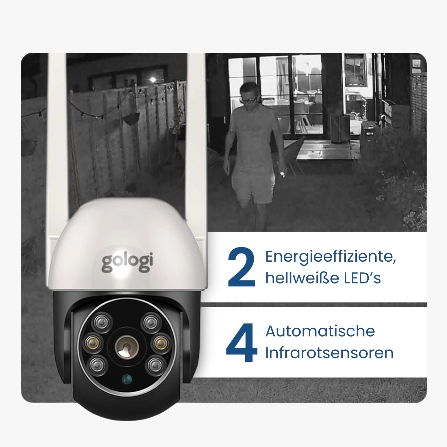 Security camera with text. Black and white image. Person walking in the background.