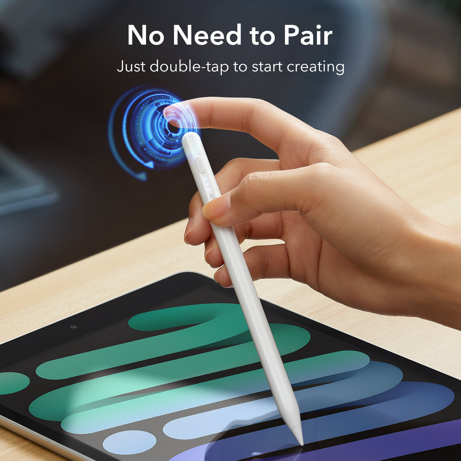 Weißer Stift und Tablet mit Text 'No Need to Pair'. Ein blauer Kreis zeigt die Verwendung an.
