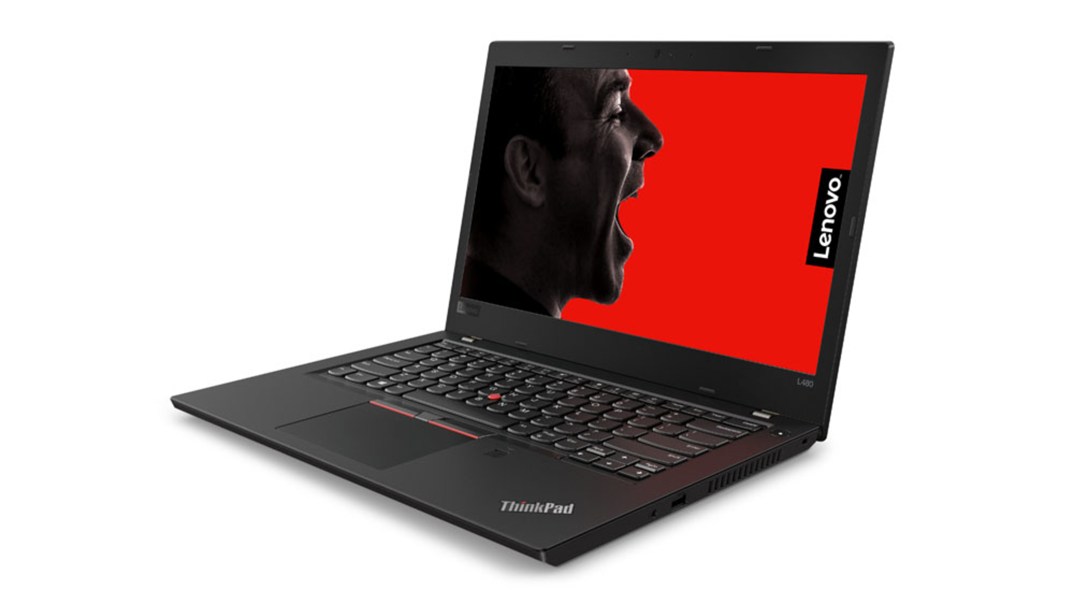 Schwarzes Lenovo-Laptop mit einem schreienden Mann auf dem Bildschirm und rotem Hintergrund.