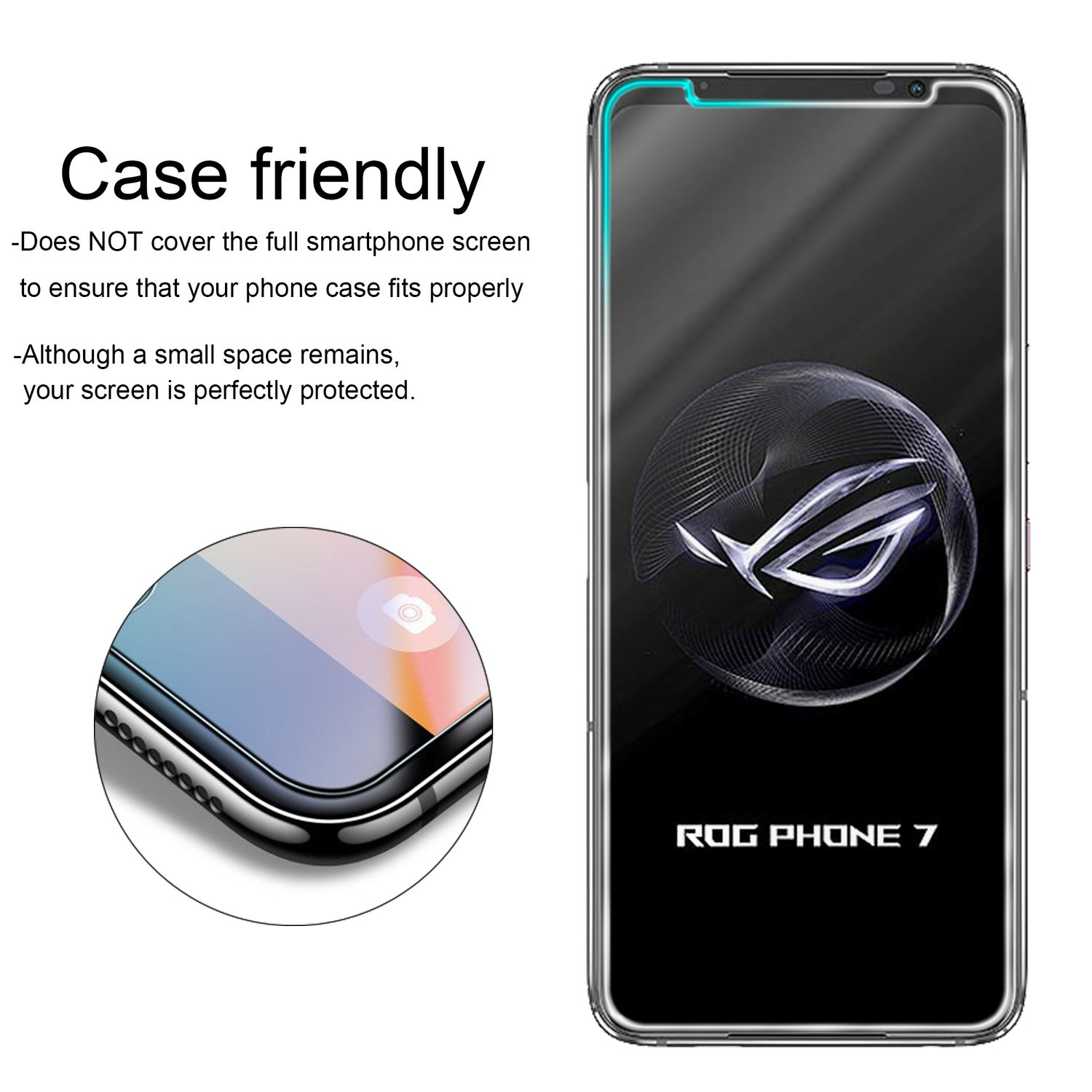 Un proteggi schermo accanto a un telefono. Il protettore è trasparente. Il telefono mostra il logo ROG PHONE 7.