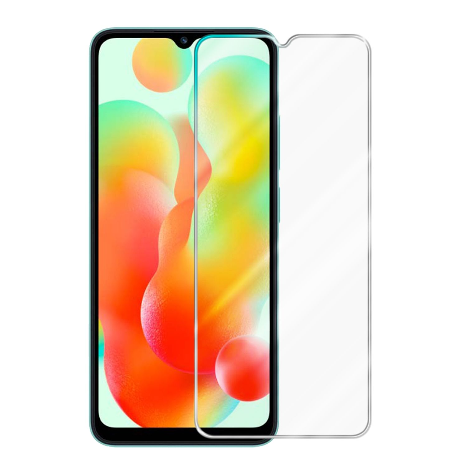 Telefon z nałożoną folią ochronną. Telefon ma kolorowe tło.