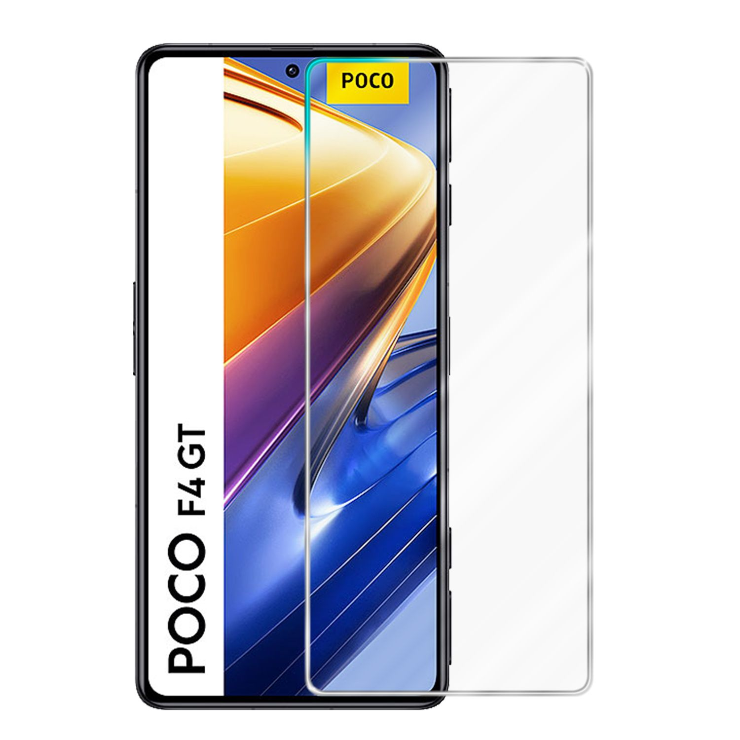 Un telefono Poco F4 GT con protezione schermo. Il telefono è nero con il logo 'POCO' in alto.
