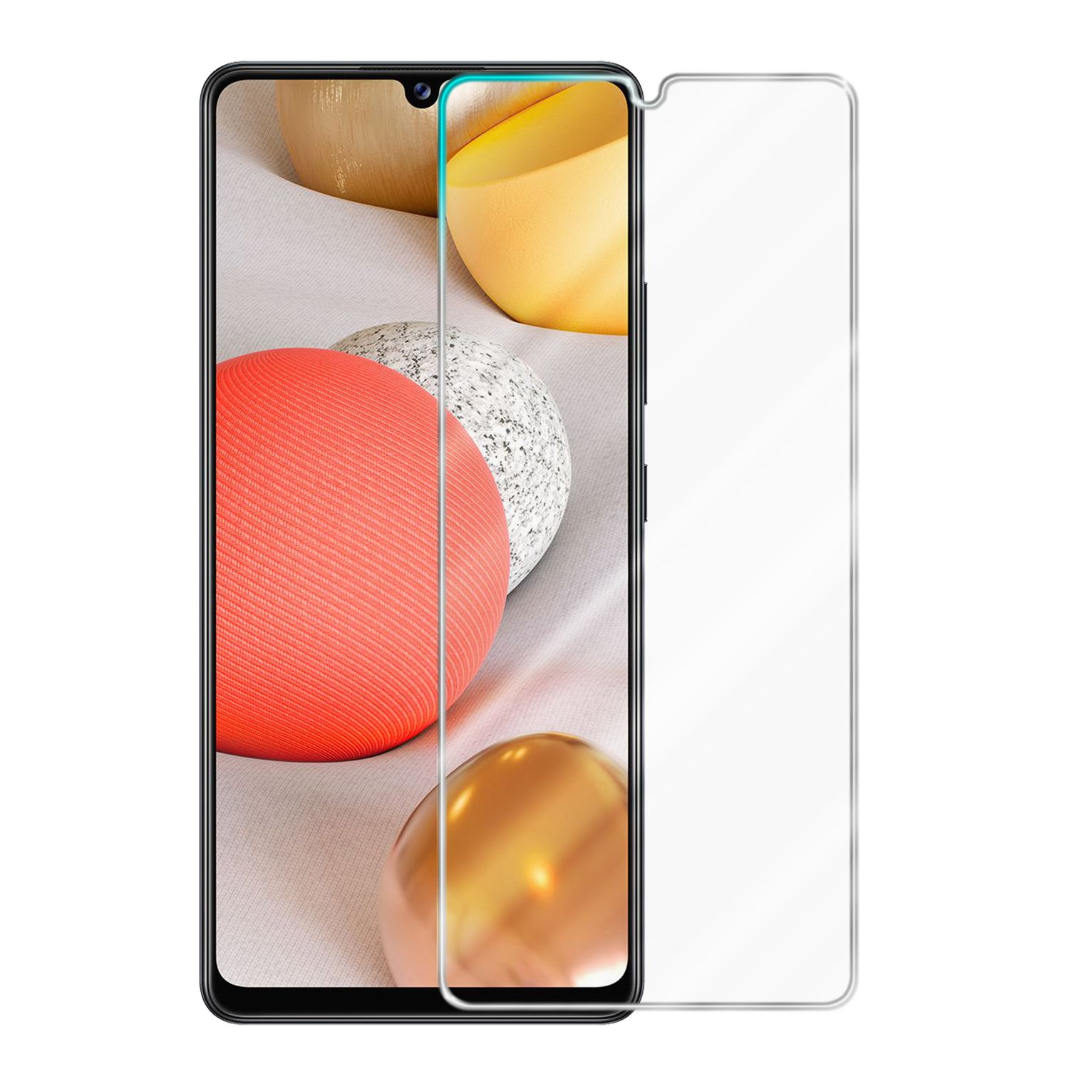 Schermo smartphone con protezione schermo. Lo schermo mostra sfere colorate.