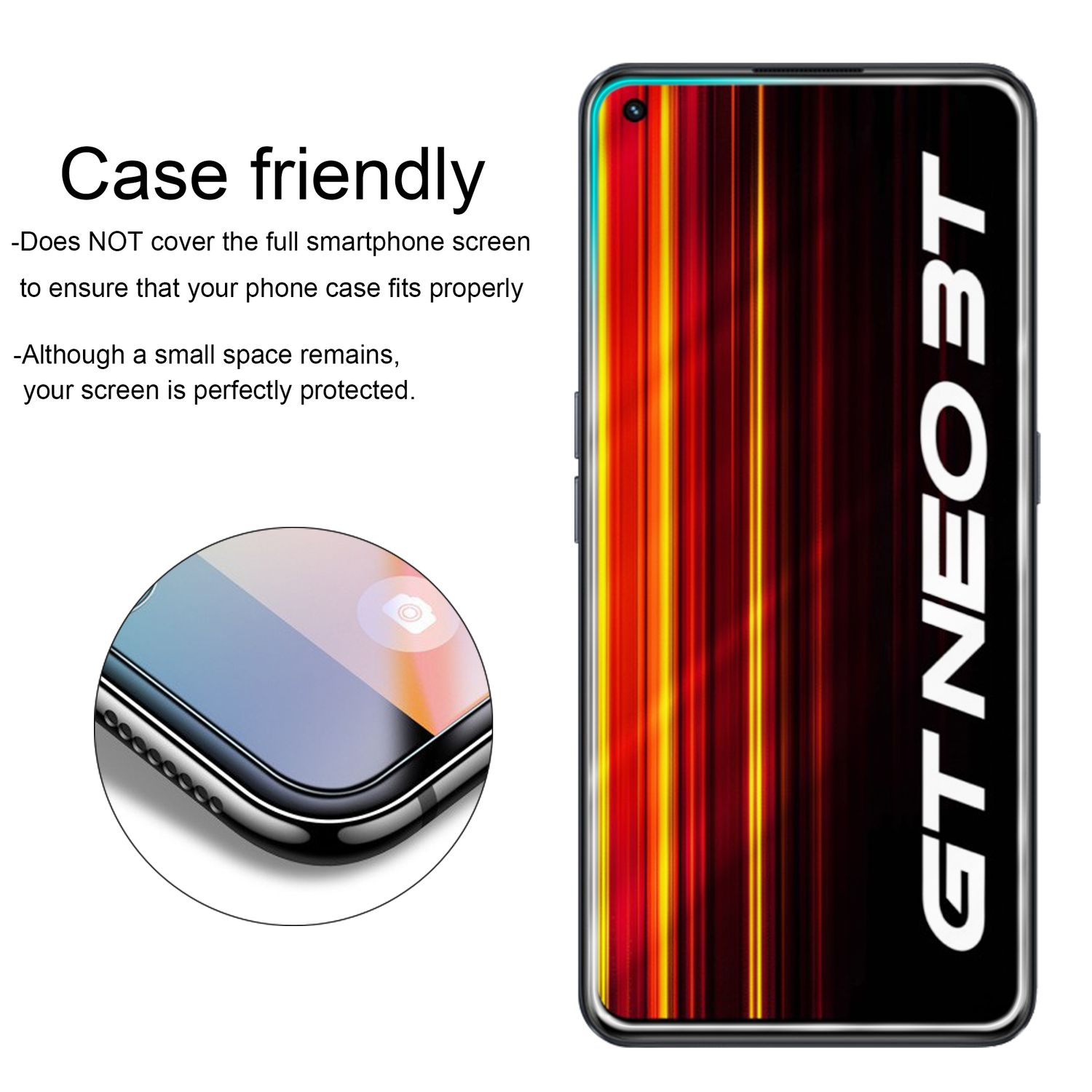 Un proteggi schermo su un telefono nero. Testo: GT NEO3T. Design compatibile con la custodia.