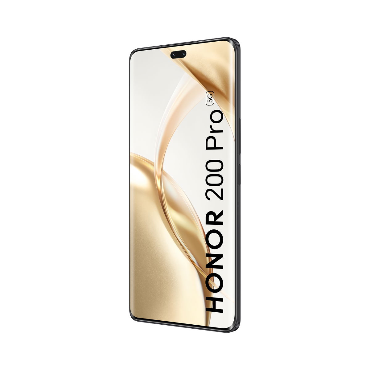 Czarny telefon Honor 200 Pro ze złotym gradientem na czarnym tle.