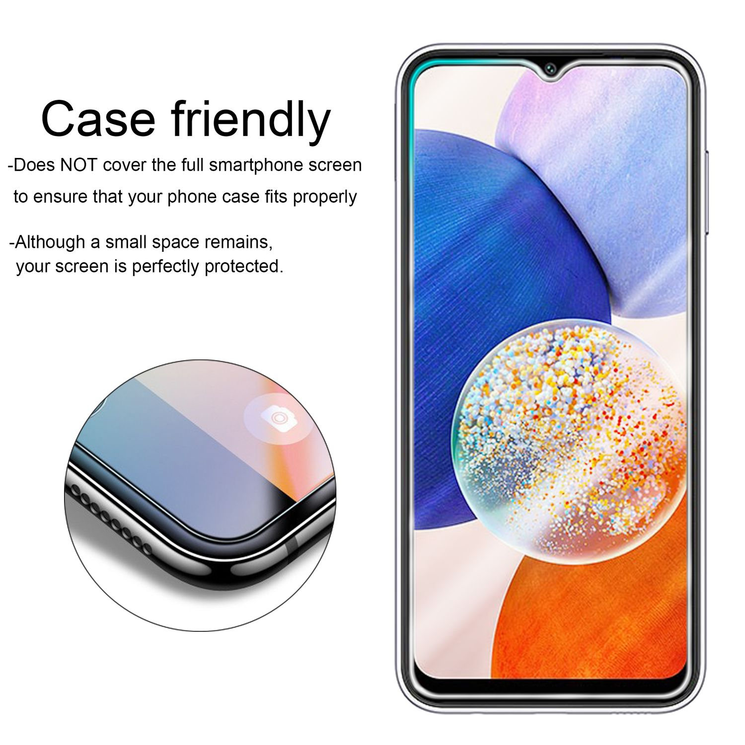 Smartphone con custodia trasparente. Lo schermo mostra un'immagine floreale colorata. Custodia a sinistra.