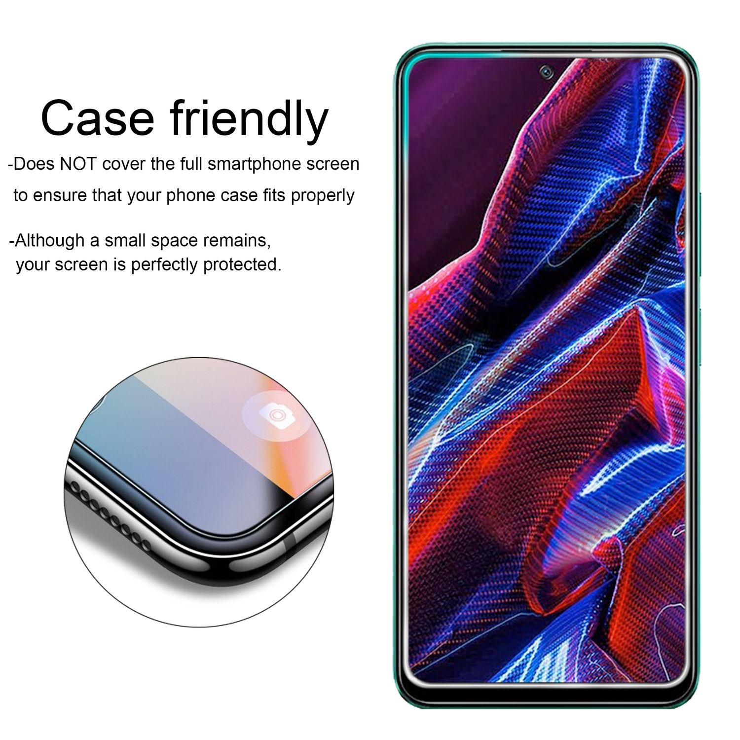 Un telefono con un proteggi schermo applicato e un altro proteggi schermo. Testo: Case friendly.