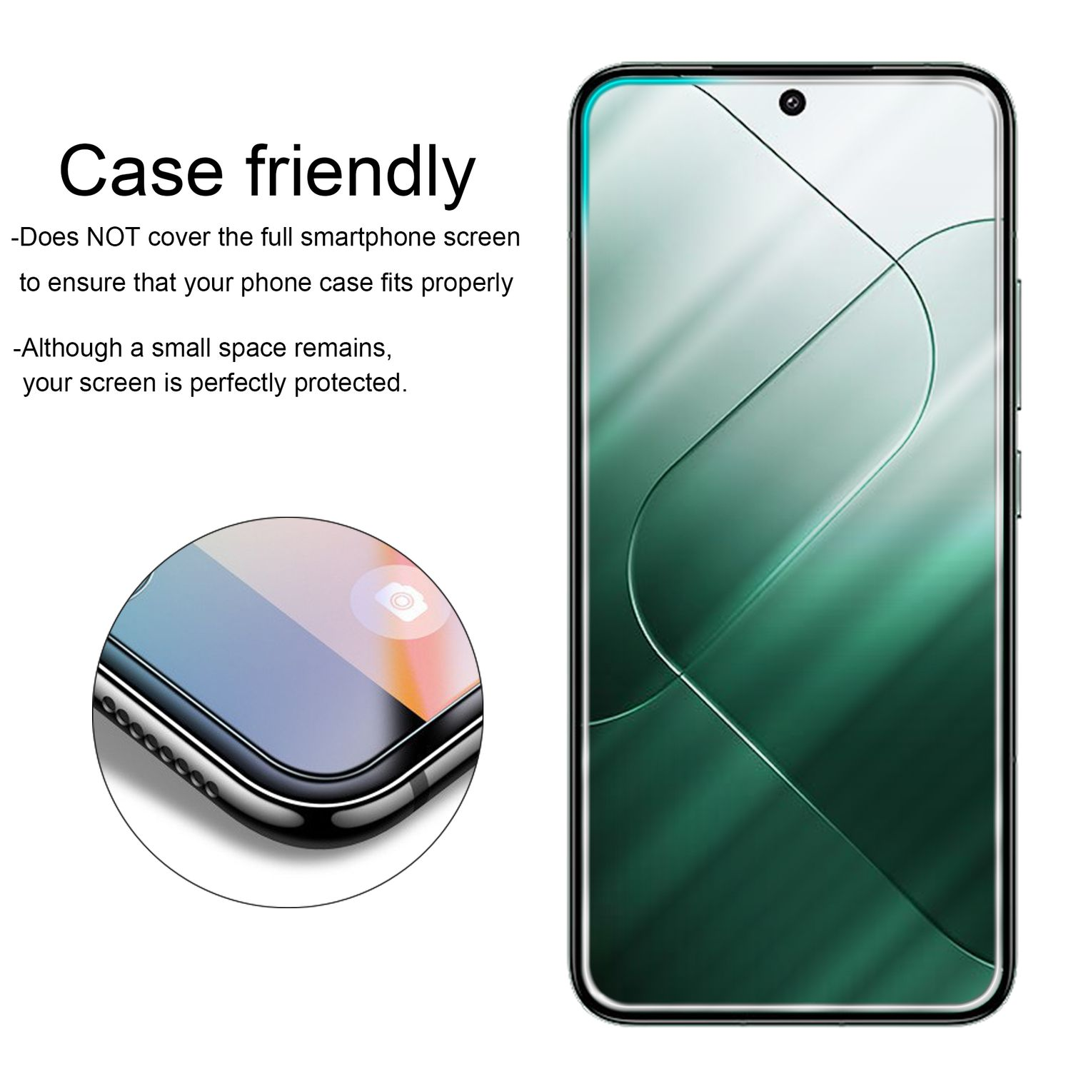 Un proteggi schermo per telefono con testo e un telefono a sinistra. Gradiente verde e bianco.