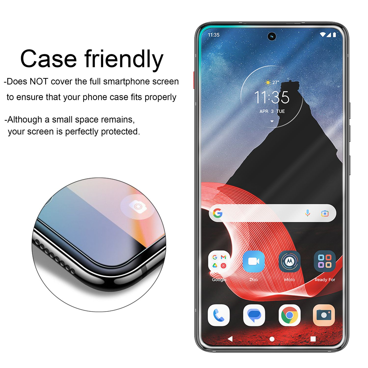 Schermo del telefono che mostra uno sfondo e icone. Il testo dice 'Case friendly', non copre l'intero schermo.