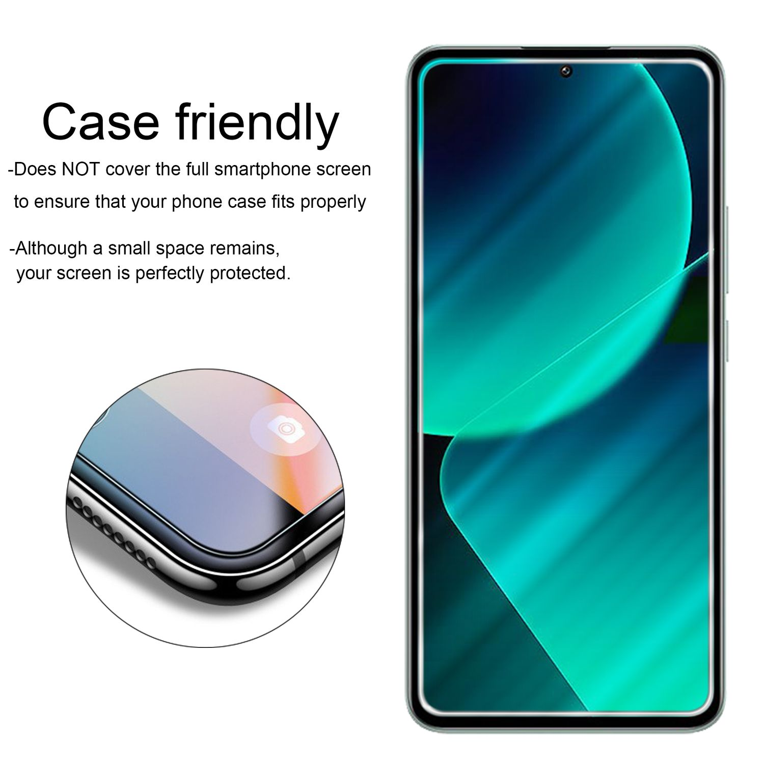 Uno schermo del telefono che mostra uno sfondo sfocato blu e verde. Il testo dice 'Case friendly'.