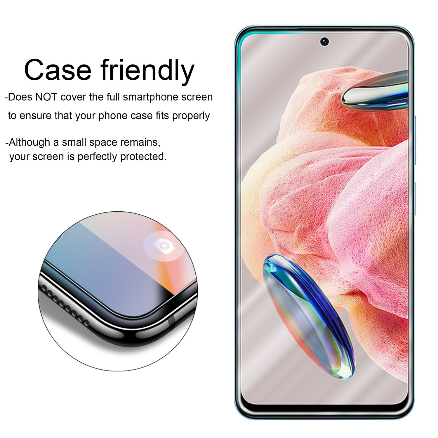 Smartphone-Displayschutz mit einem Telefon und einer Nahaufnahme der Ecke.