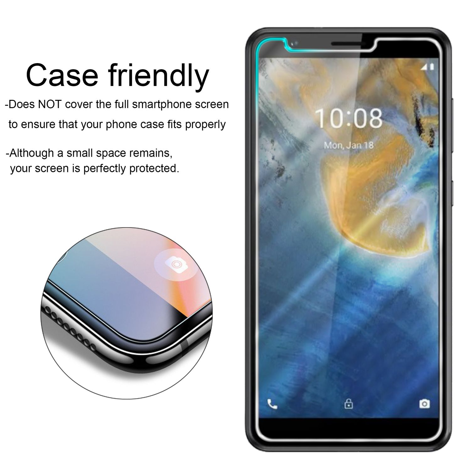 Smartphone con protezione schermo. Il telefono mostra un display digitale. Viene mostrato un primo piano della protezione.