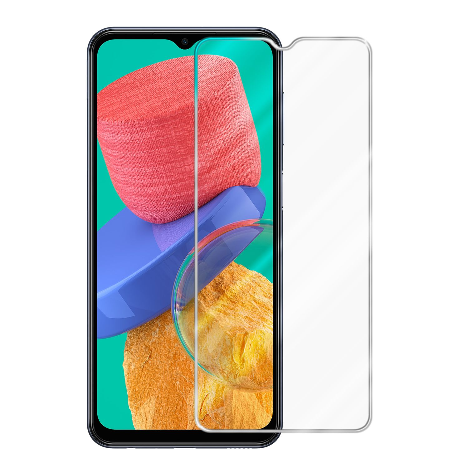 Smartphone con protezione schermo. Lo schermo mostra un design astratto colorato di forme rosse e blu.
