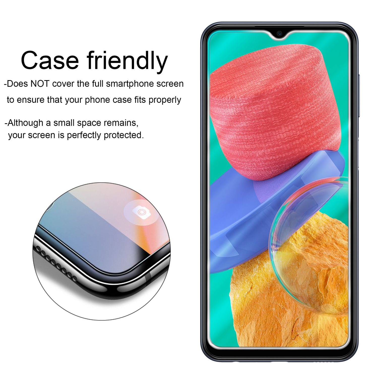 Protezione schermo per smartphone. Primo piano del telefono con protezione applicata e sfondo astratto colorato.