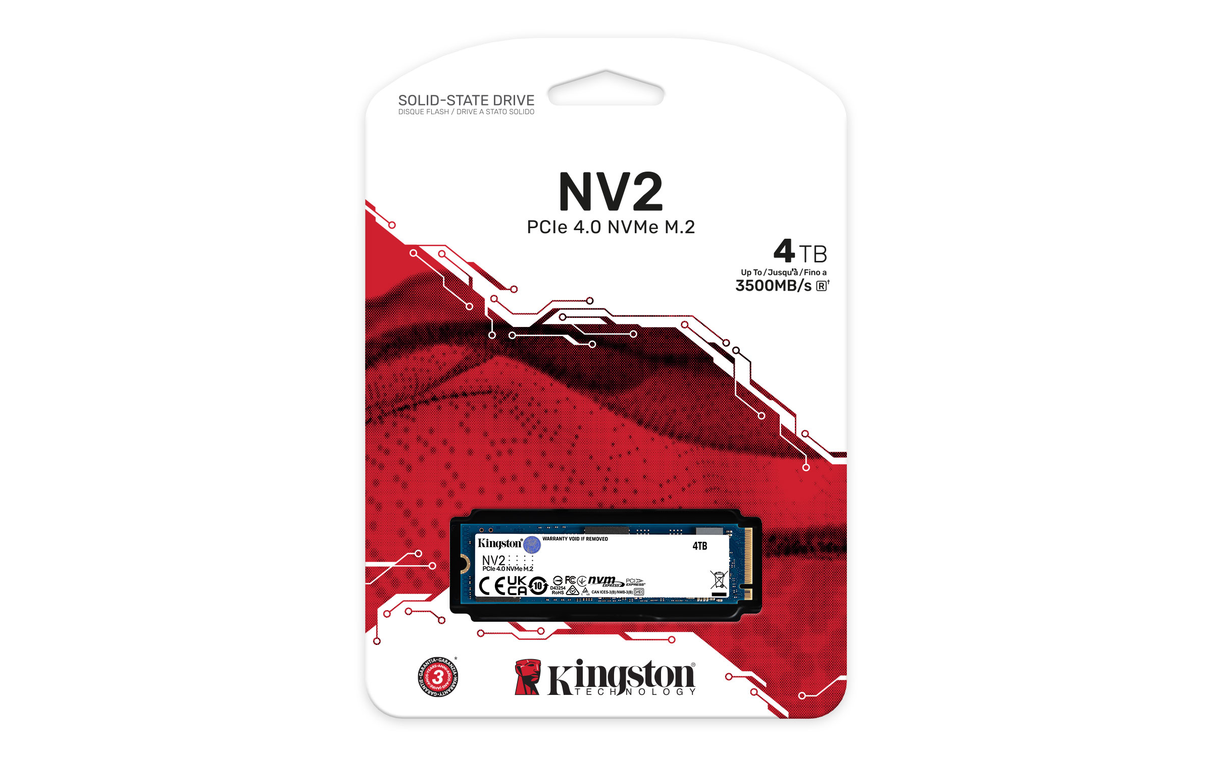 Opakowanie dysku SSD. Kolory czarny i czerwony. Tekst zawiera NV2 PCIe 4.0 NVMe M.2 4TB i logo Kingston.