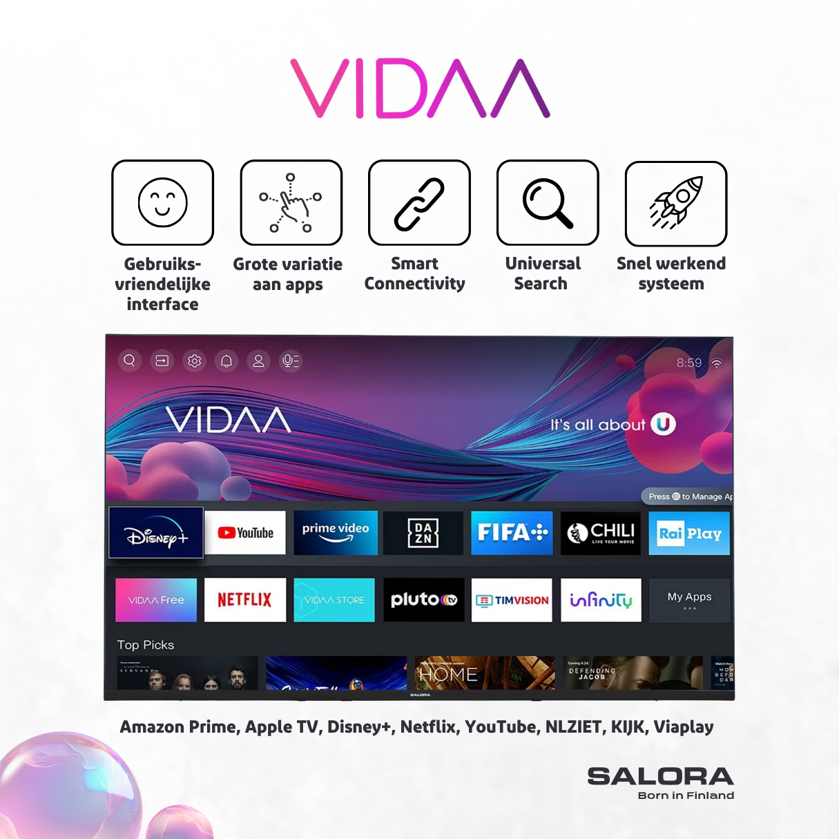 VIDAA-interfacescherm met app-iconen en een televisie met tekst en logo's.