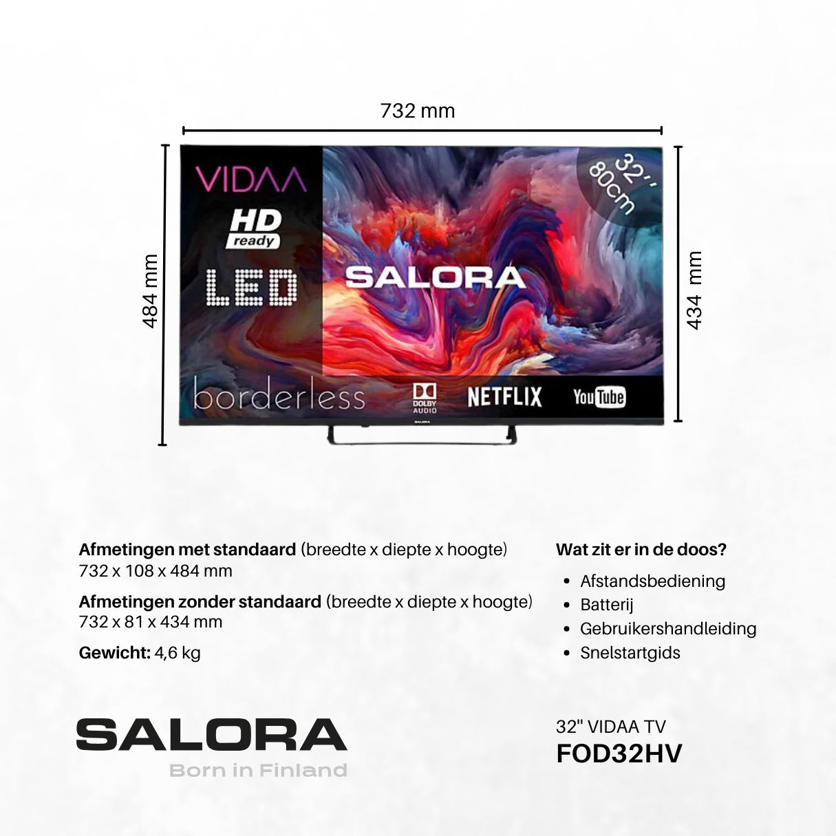 32" Salora TV met specificaties en functies, inclusief Netflix en YouTube logo's.